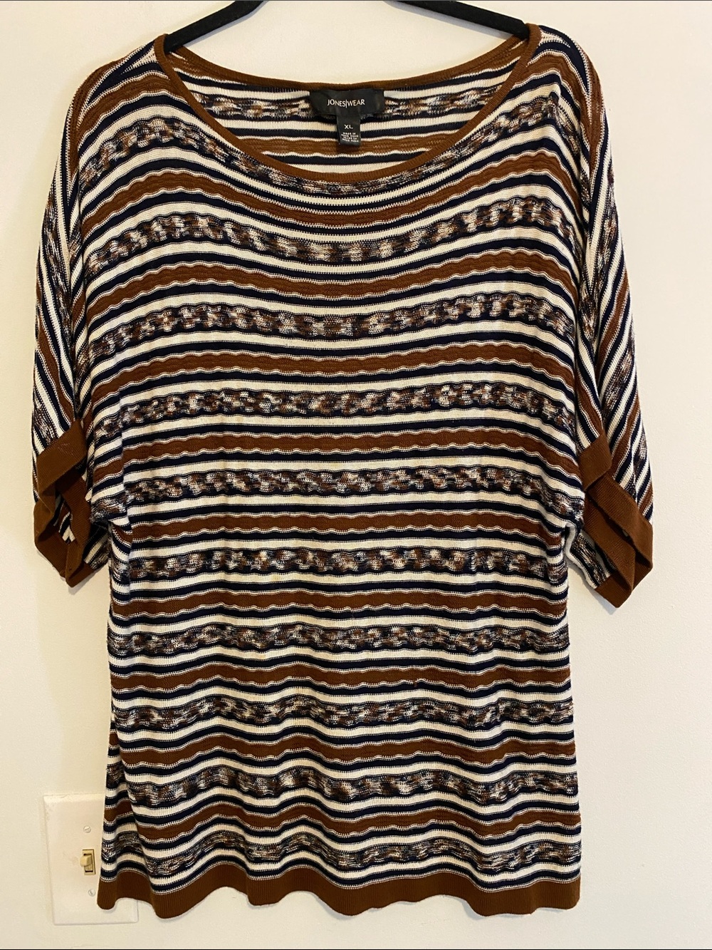 Jones Wear Brown Navy Cream Striped Short-Sleeve Blouse, lightweight top.